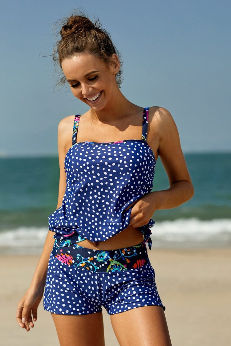 Sophia Women Dotted Print Tankini Swimwear Blue