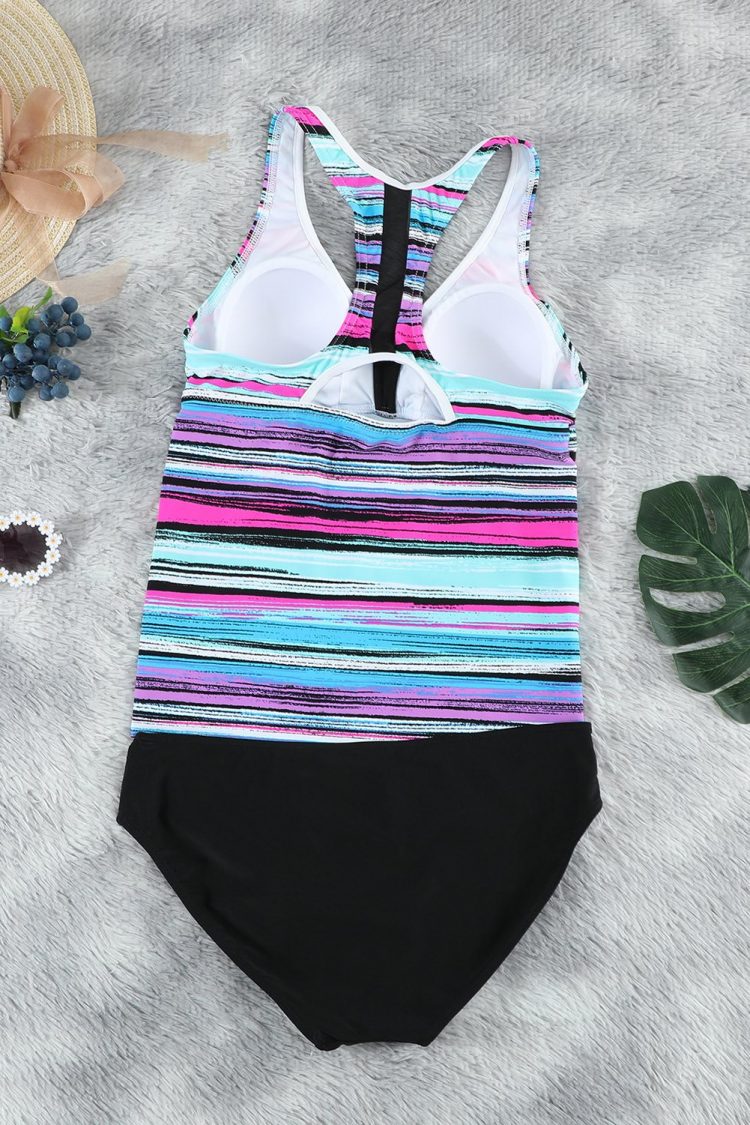 Stephanie Women Striped Tie-dye Racerback Tankini Swimsuit Sky Blue