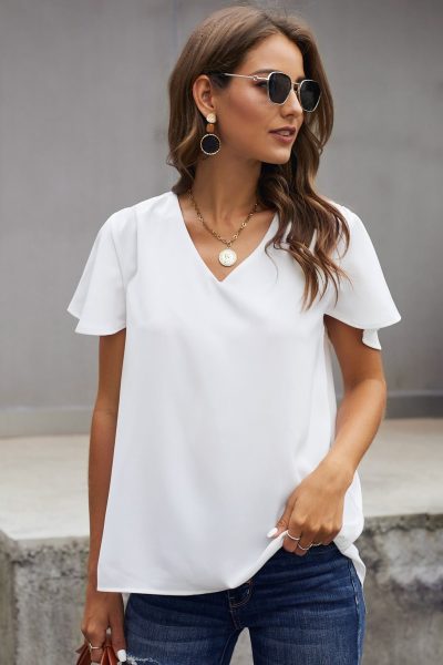 Valeria Womens V Neck Short Sleeve Tee White