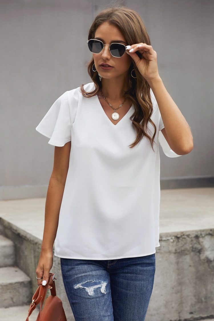 Valeria Womens V Neck Short Sleeve Tee White