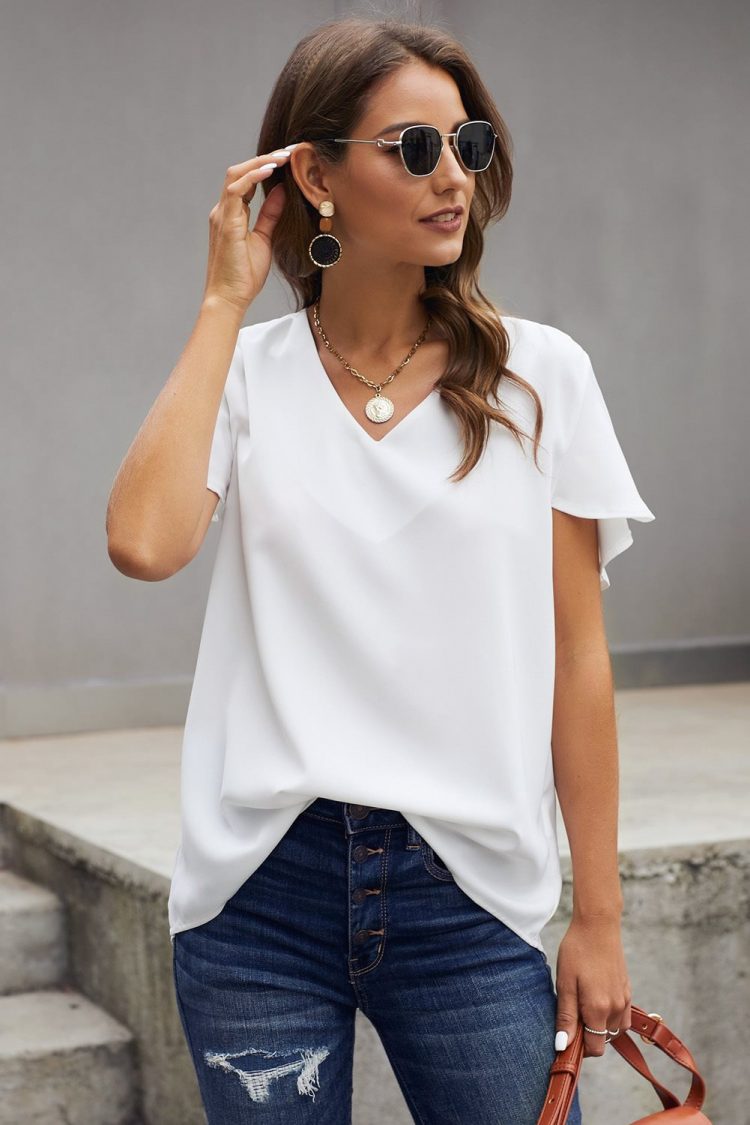 Valeria Womens V Neck Short Sleeve Tee White