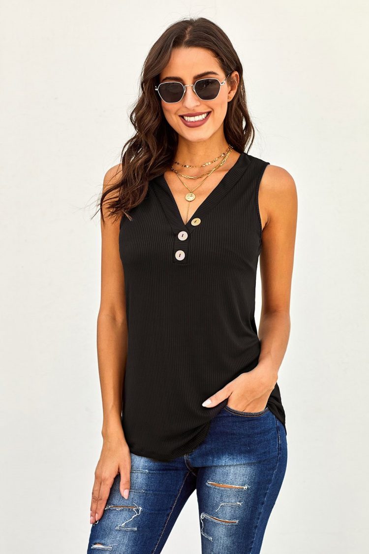 Vanessa Women‘s Just Say The Word 3 Button Tank Top Black