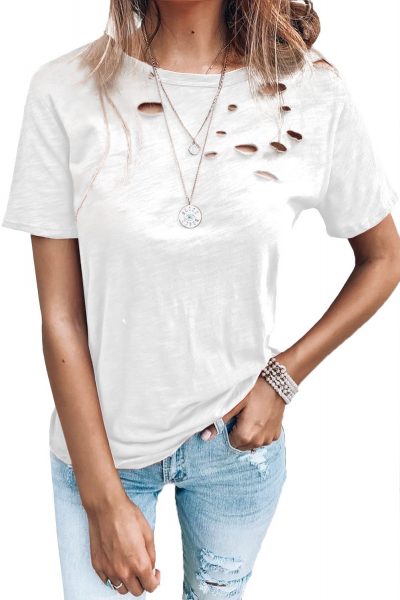 Venus Women Holes Crew Neck Cotton Mixed T-shirt White