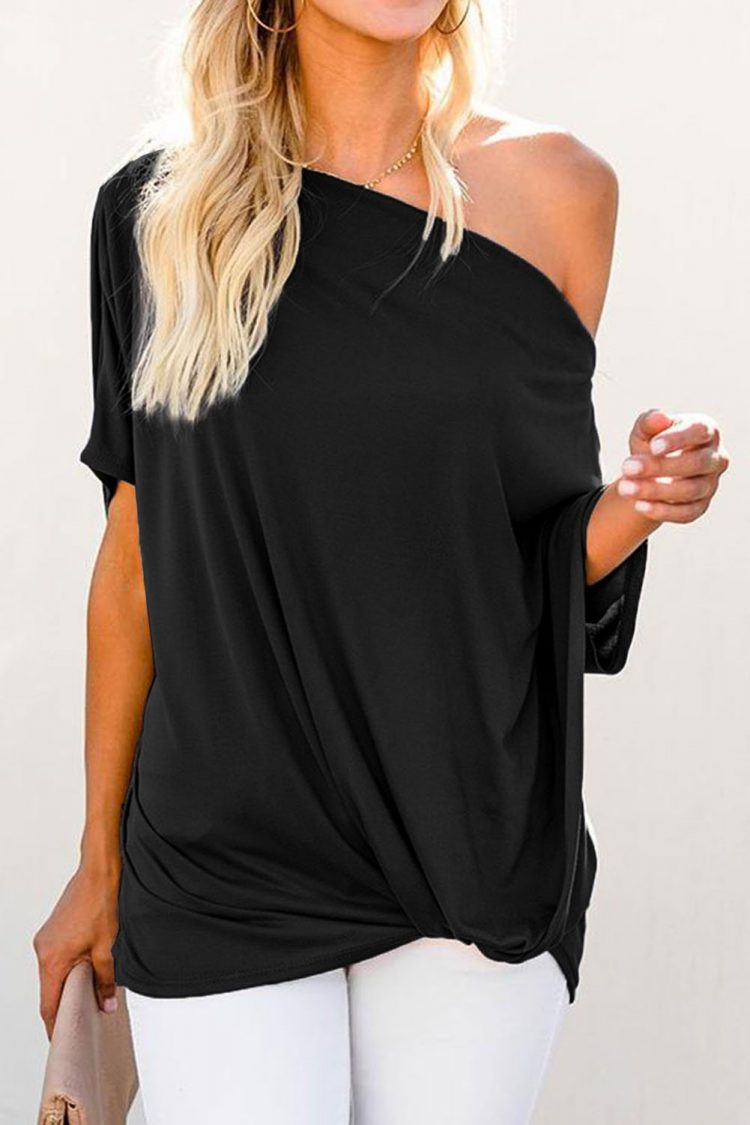 Victoria Womens Off-The-Shoulder Slash Neck Casual Loose Fitting Top Black