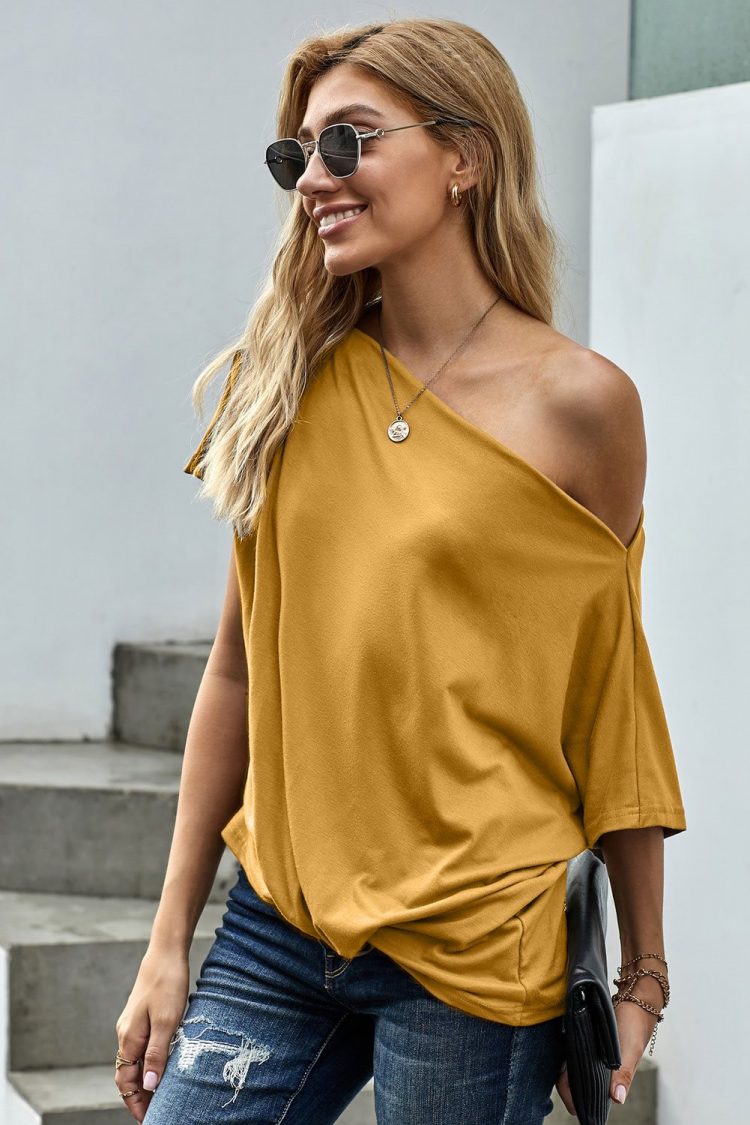 Victoria Womens Off-The-Shoulder Slash Neck Casual Loose Fitting Top Yellow