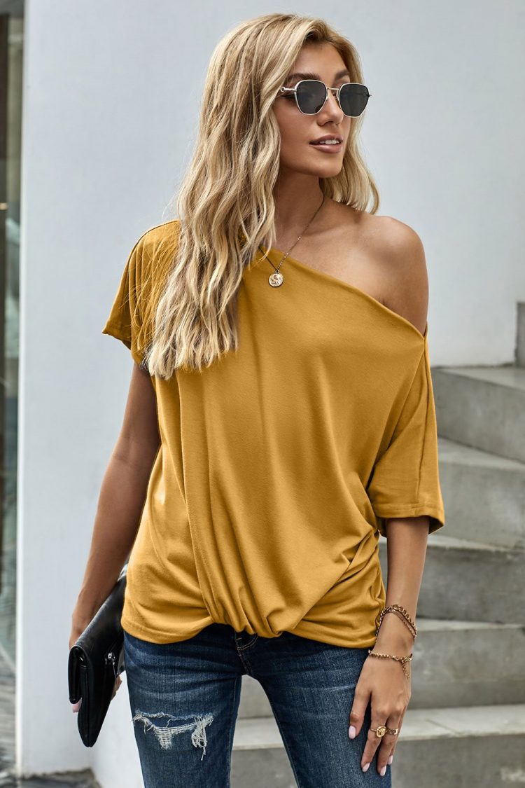 Victoria Womens Off-The-Shoulder Slash Neck Casual Loose Fitting Top Yellow