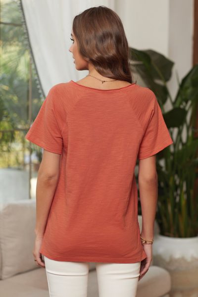 Viola Women's V Neck Short Sleeves Cotton Blend Tee with Front Pocket and Side Slits Orange