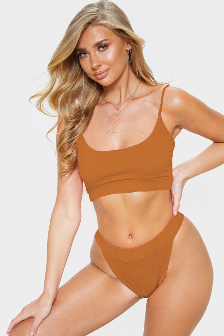 Yale Women's Straps Two Piece Knit Textured Crop Bikini Swimwear Orange