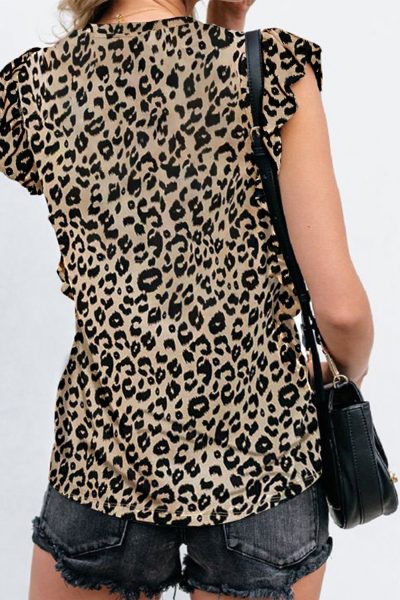 Yvette Women's Leopard Print Ruffled Cap Sleeve T-shirt