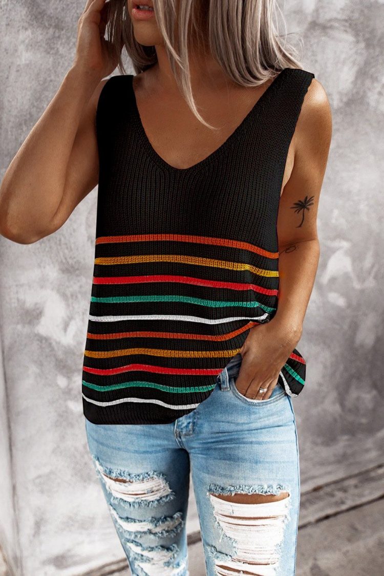 Yvonne Womens Stripes Black Knit Tank Top Black