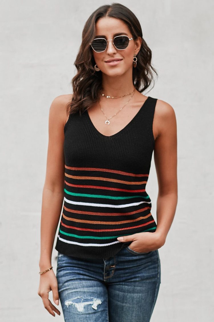 Yvonne Womens Stripes Black Knit Tank Top Black