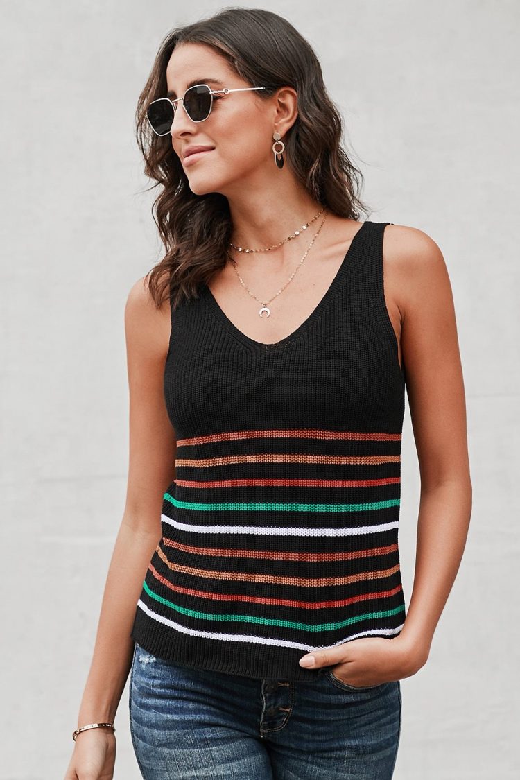 Yvonne Womens Stripes Black Knit Tank Top Black