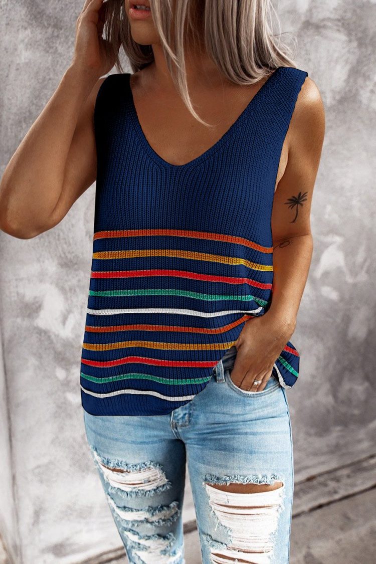 Yvonne Womens Stripes Black Knit Tank Top Blue