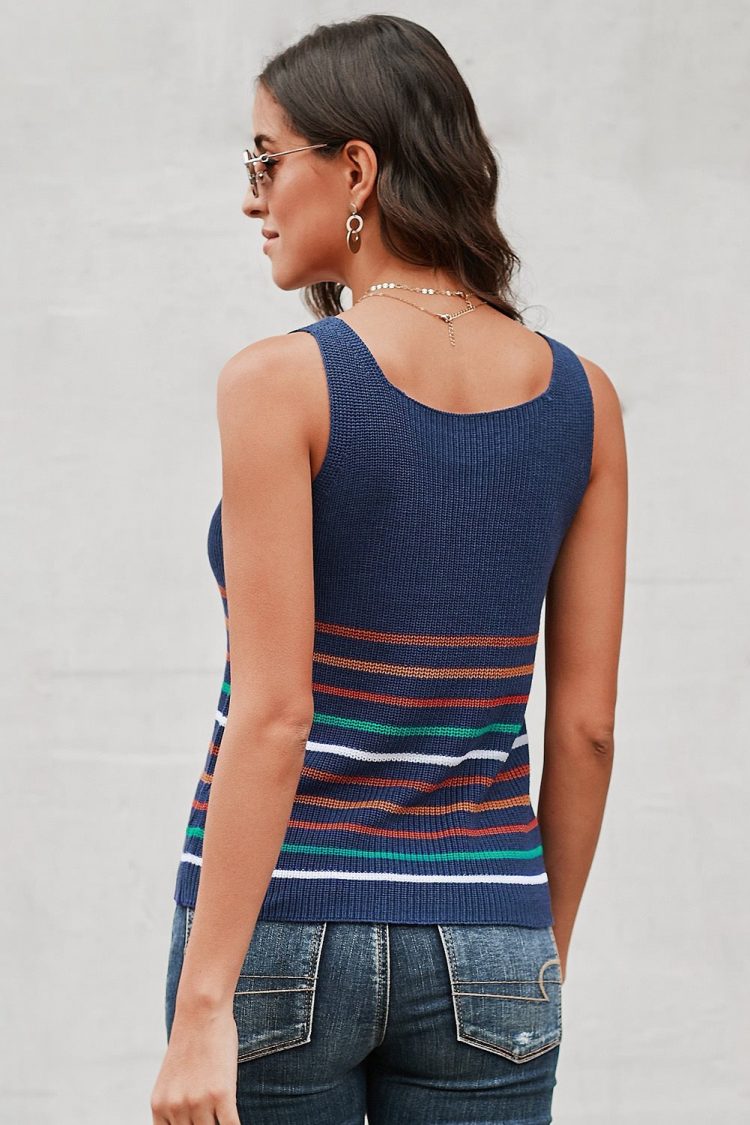 Yvonne Womens Stripes Black Knit Tank Top Blue