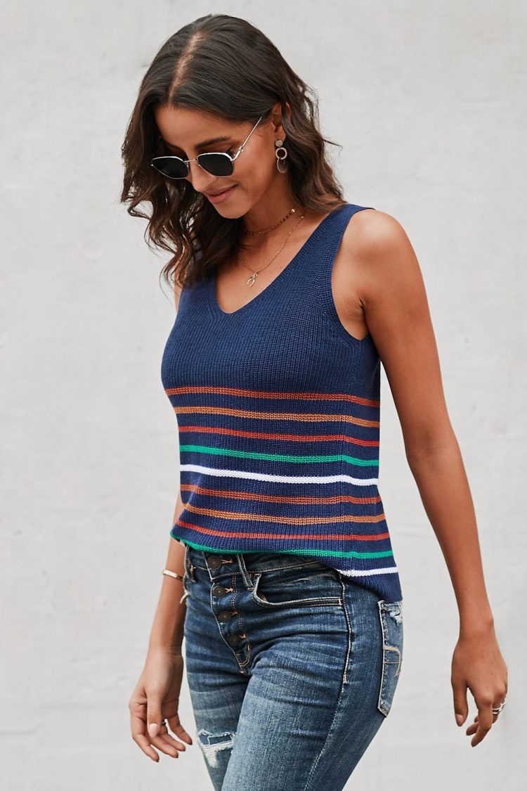 Yvonne Womens Stripes Black Knit Tank Top Blue