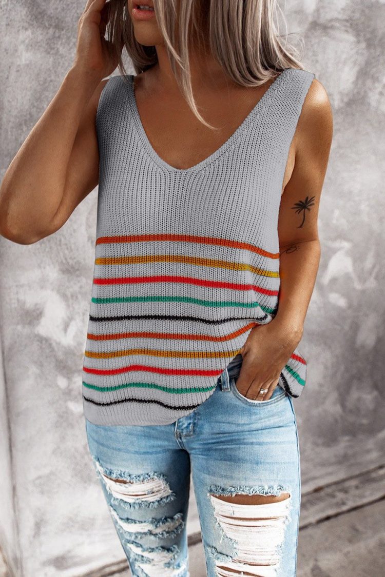 Yvonne Womens Stripes Black Knit Tank Top Gray