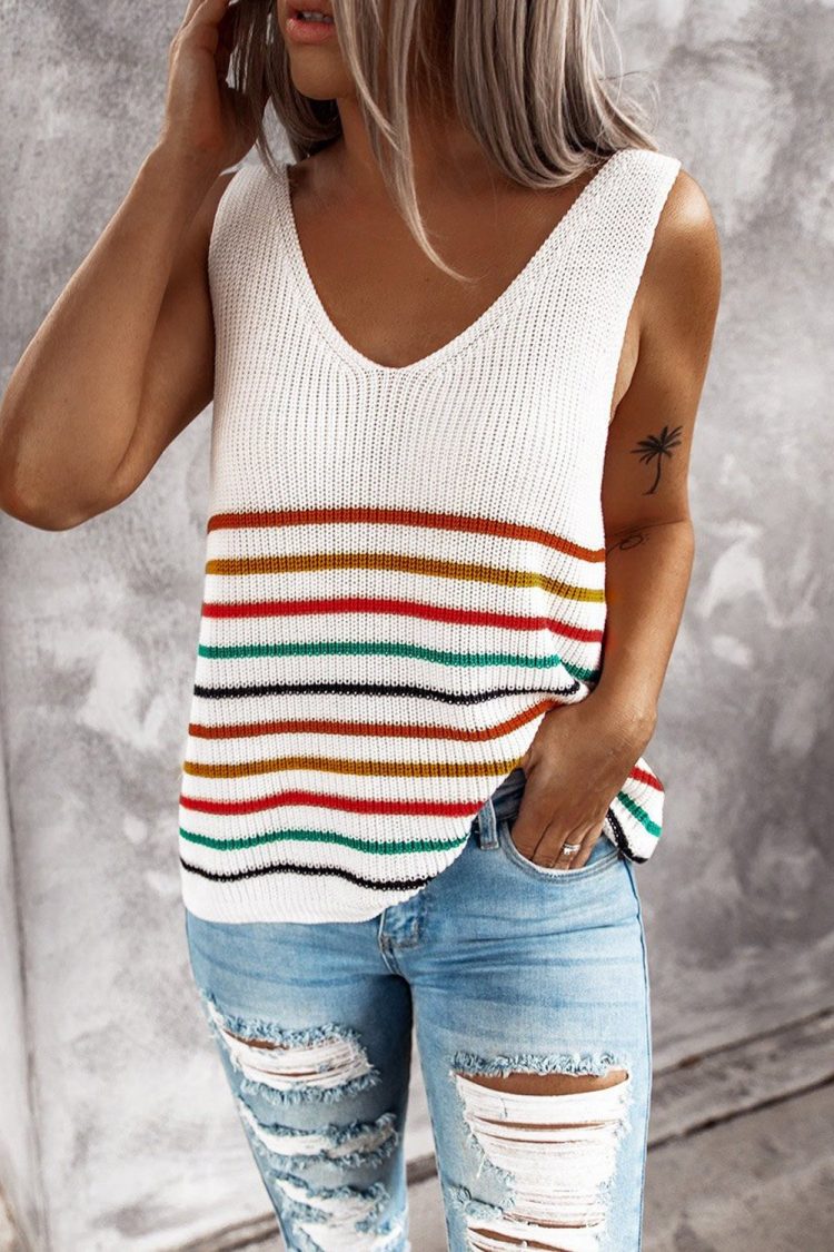 Yvonne Womens Stripes White Knit Tank Top White