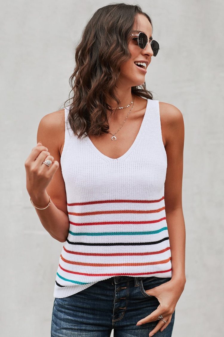 Yvonne Womens Stripes White Knit Tank Top White