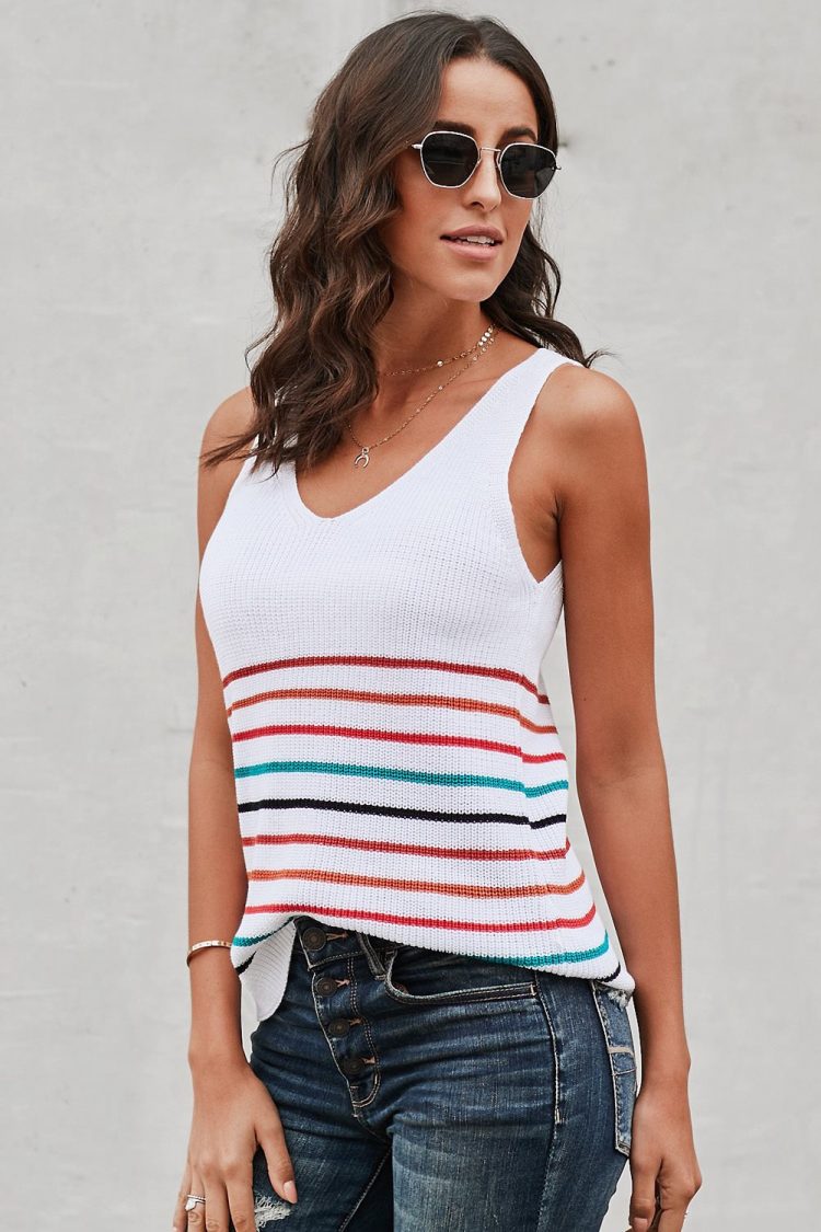 Yvonne Womens Stripes White Knit Tank Top White