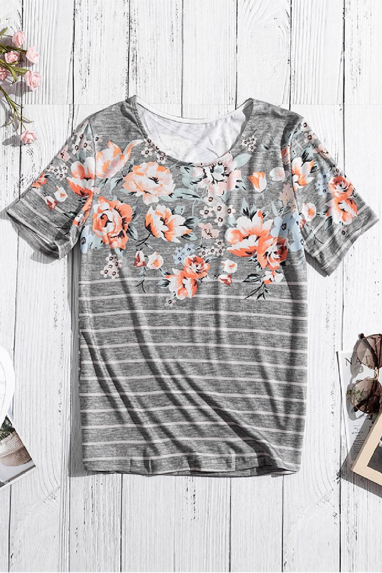 Zoe Women's Spring Vibe Floral & Stripe Tee Gray