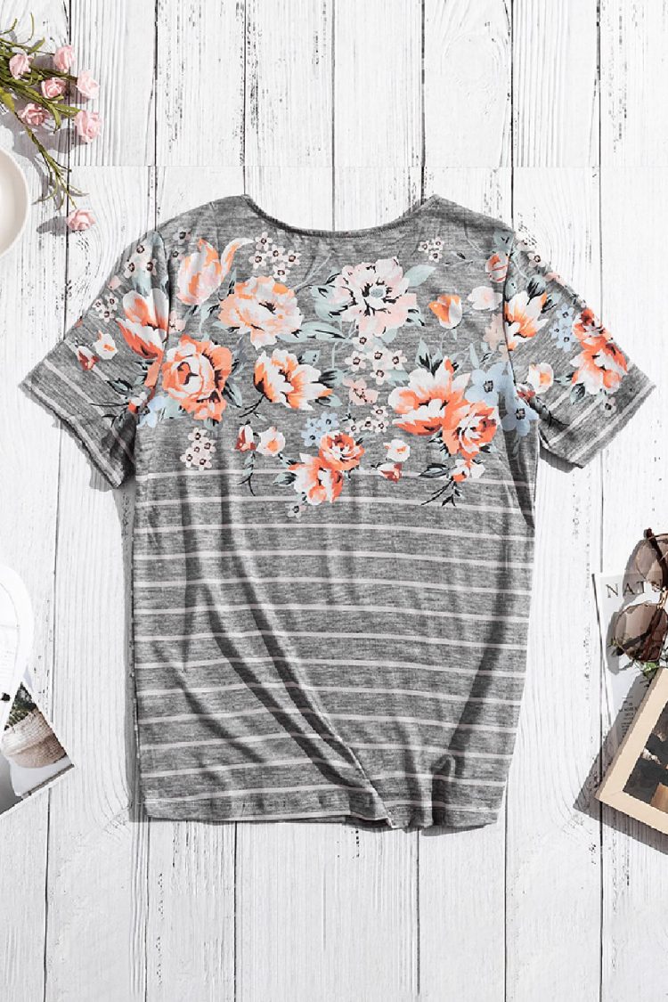 Zoe Women's Spring Vibe Floral & Stripe Tee Gray