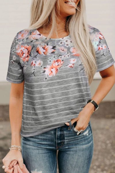 Zoe Women's Spring Vibe Floral & Stripe Tee Gray