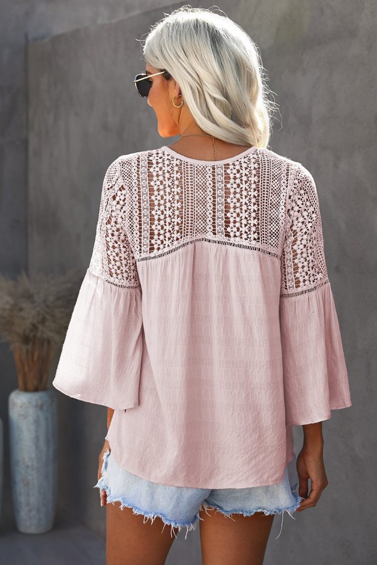 Amber Women Lace Crochet V Neck  Button Down Blouses Pink