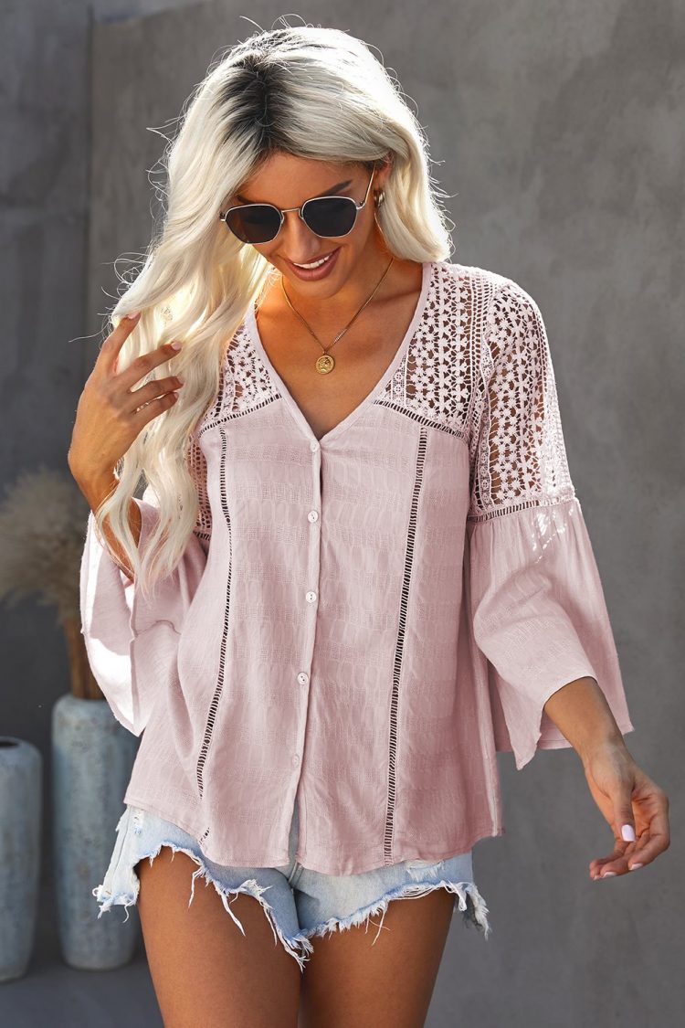 Amber Women Lace Crochet V Neck  Button Down Blouses Pink