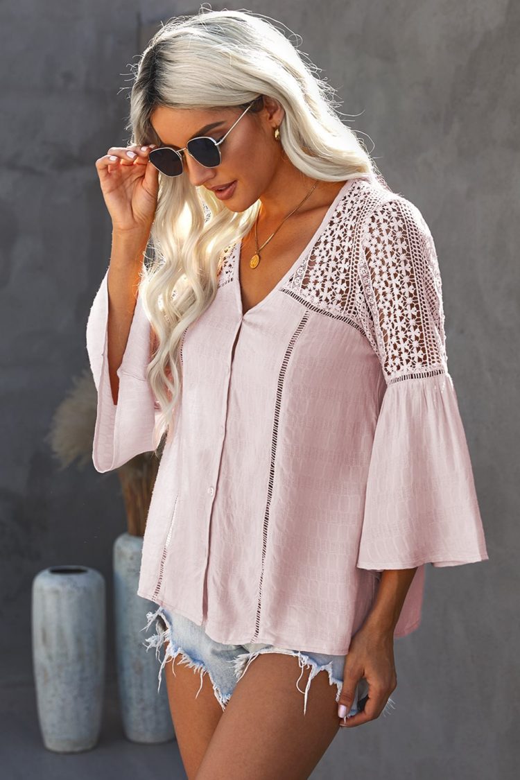 Amber Women Lace Crochet V Neck  Button Down Blouses Pink