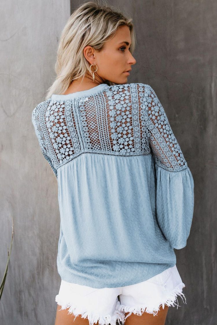 Baker Womens Crochet  Ladder Lace Flowy Bell Sleeves Boho Blouse Sky Blue