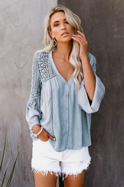 Baker Womens Crochet  Ladder Lace Flowy Bell Sleeves Boho Blouse Sky Blue