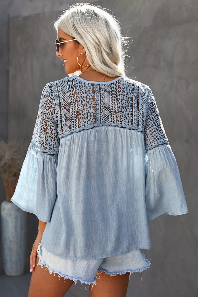 Baker Womens Crochet  Ladder Lace Flowy Bell Sleeves Boho Blouse Sky Blue