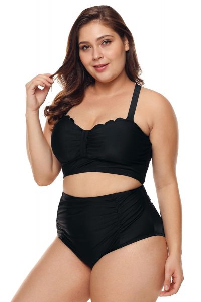 Bianca Women's Plus Size Scalloped Detail High Waist Bikini Swimsuit Black