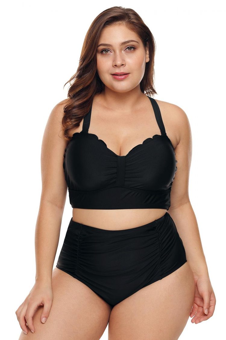 Bianca Women's Plus Size Scalloped Detail High Waist Bikini Swimsuit Black