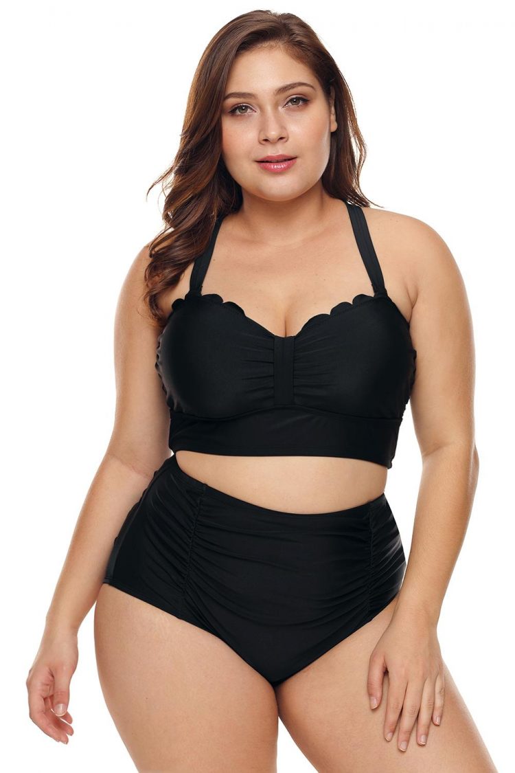 Bianca Women's Plus Size Scalloped Detail High Waist Bikini Swimsuit Black