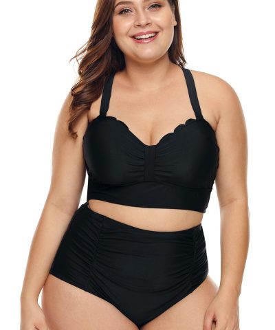 Bianca Women's Plus Size Scalloped Detail High Waist Bikini Swimsuit Black