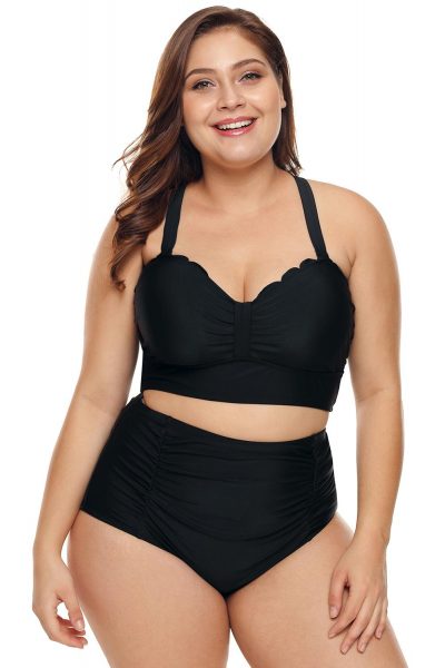 Bianca Women's Plus Size Scalloped Detail High Waist Bikini Swimsuit Black