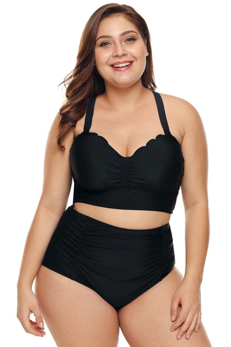 Bianca Women's Plus Size Scalloped Detail High Waist Bikini Swimsuit Black