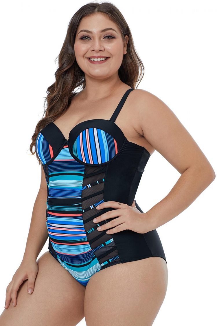 Bianca Women's Striped Block Patchwork Crisscross Plus Maillot Black Blue