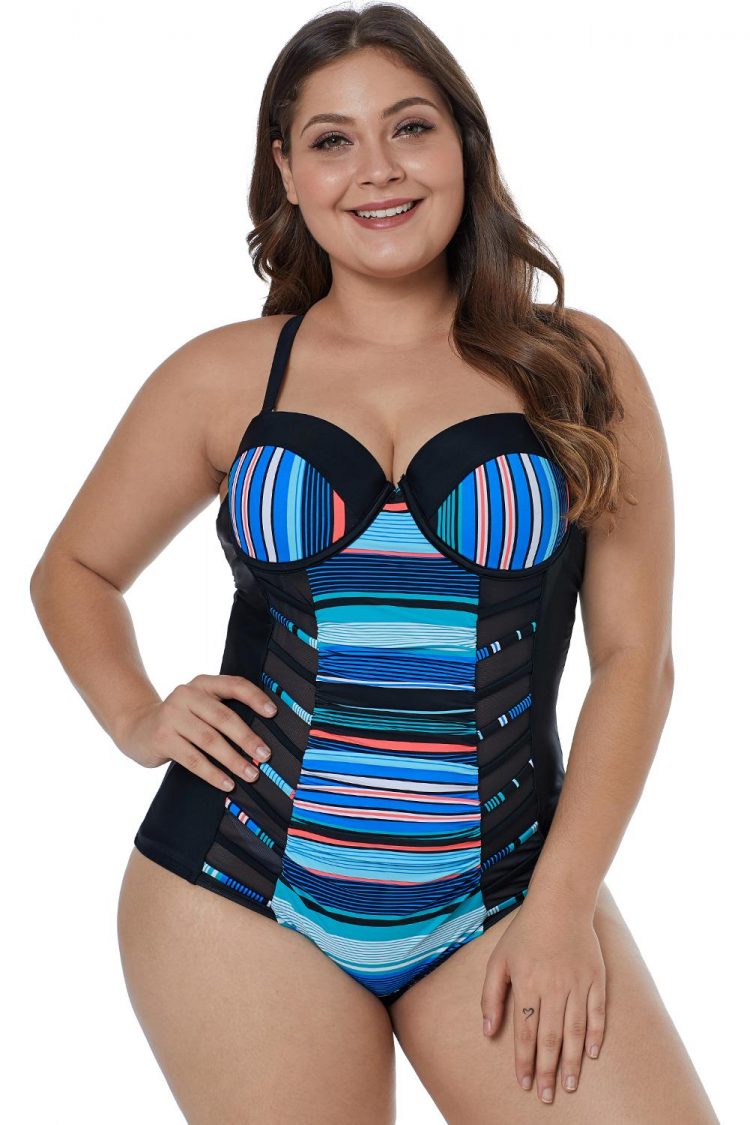 Bianca Women's Striped Block Patchwork Crisscross Plus Maillot Black Blue