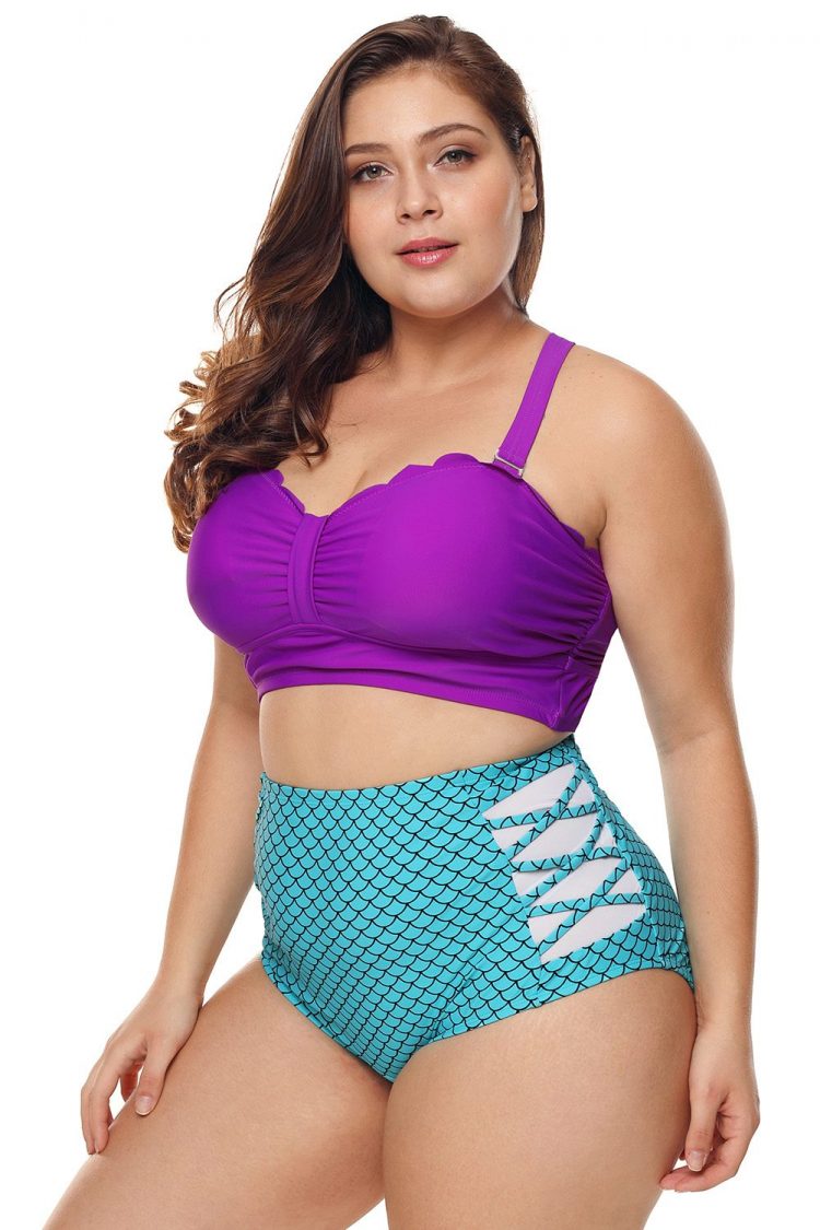 Bonita Women Plus Size Purple & Blue Scalloped Detail High Waist Swimsuit