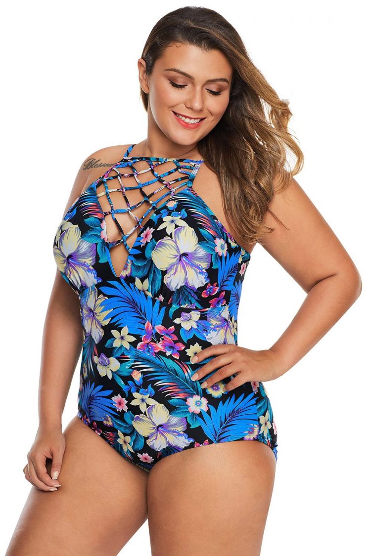 Bonnie Womens Plus Size High Neck Floral Teddy Swimwear