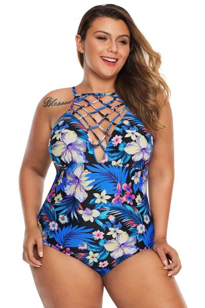 Bonnie Womens Plus Size High Neck Floral Teddy Swimwear