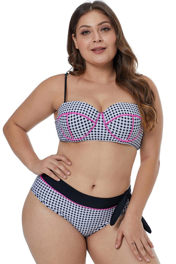 Brenda Women Contrast Piping Tartan Printed Pattern Plus Size Bikini