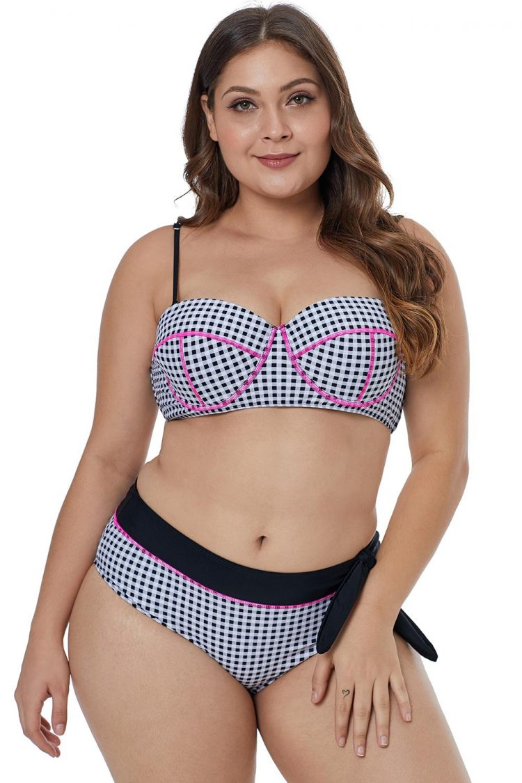 Brenda Women Contrast Piping Tartan Printed Pattern Plus Size Bikini