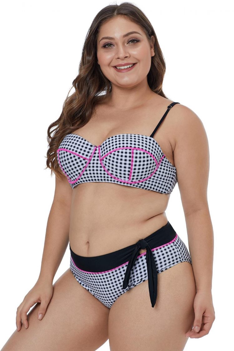 Brenda Women Contrast Piping Tartan Printed Pattern Plus Size Bikini