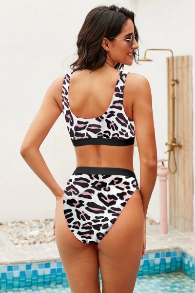 Bright Women's Neck Athletic Striped Tank High Waist Bikini Leopard