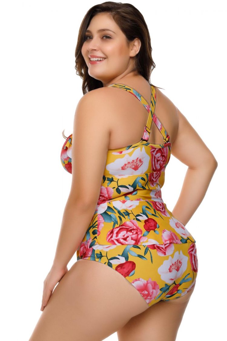 Brigitte Women's Plus Size Floral Print Crisscross Detail Teddy Swimsuit