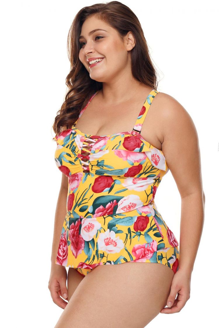 Brigitte Women's Plus Size Floral Print Crisscross Detail Teddy Swimsuit