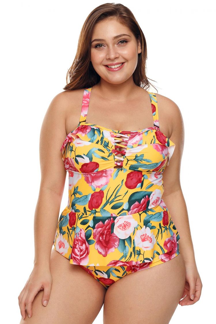 Brigitte Women's Plus Size Floral Print Crisscross Detail Teddy Swimsuit